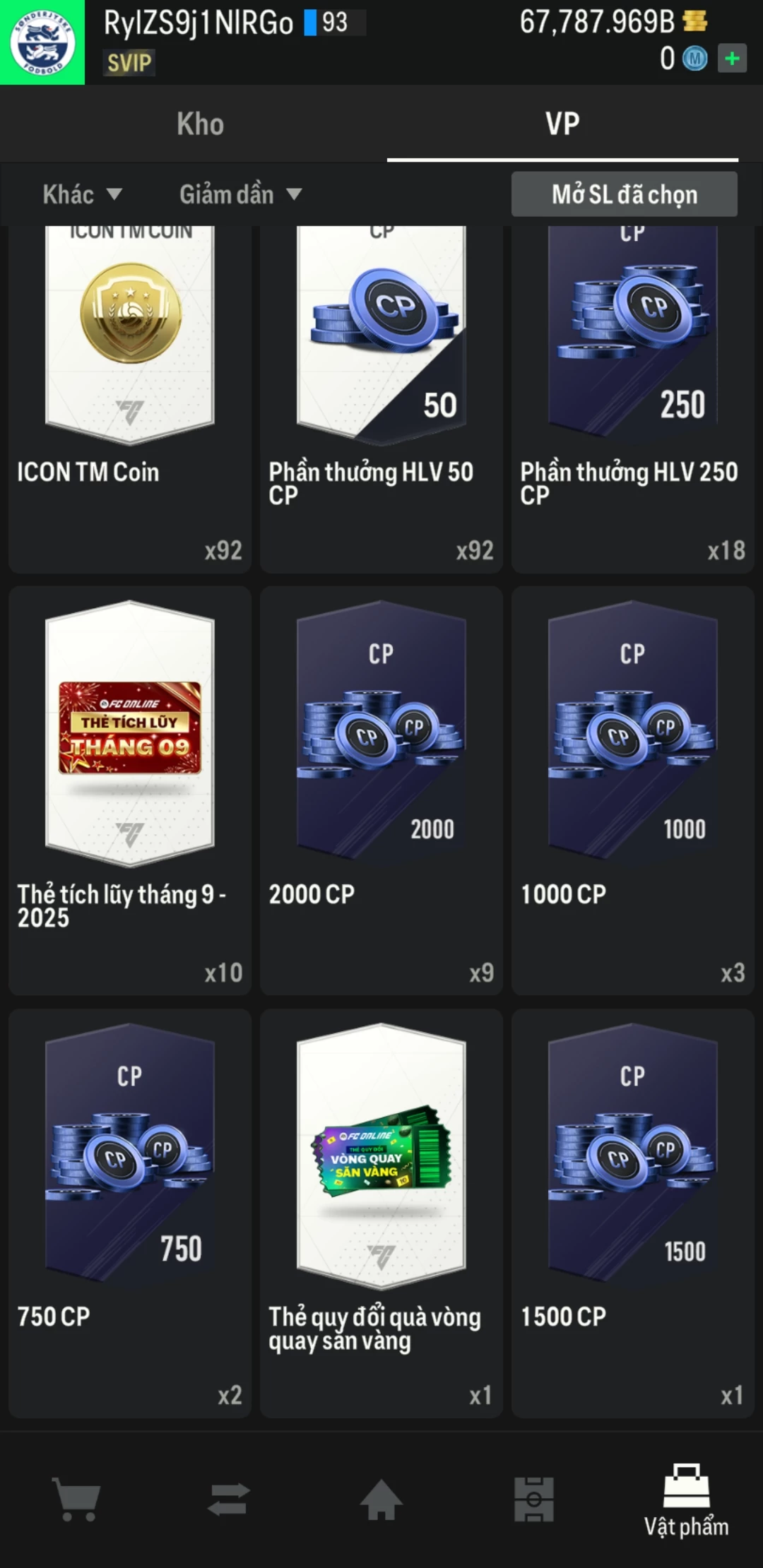 Ảnh ACC mở thẻ (LOẠI SVIP PROMAX) bao gồm 1 gói thẻ +12, thẻ PRIME và 1000+ thẻ cầu thủ từ Siêu sao đến Miền núi các loại. Có sẵn BP trắng trong acc từ 57.000 tỷ BP đến 67.000 tỷ BP, kèm theo nhiều ngày SVIP